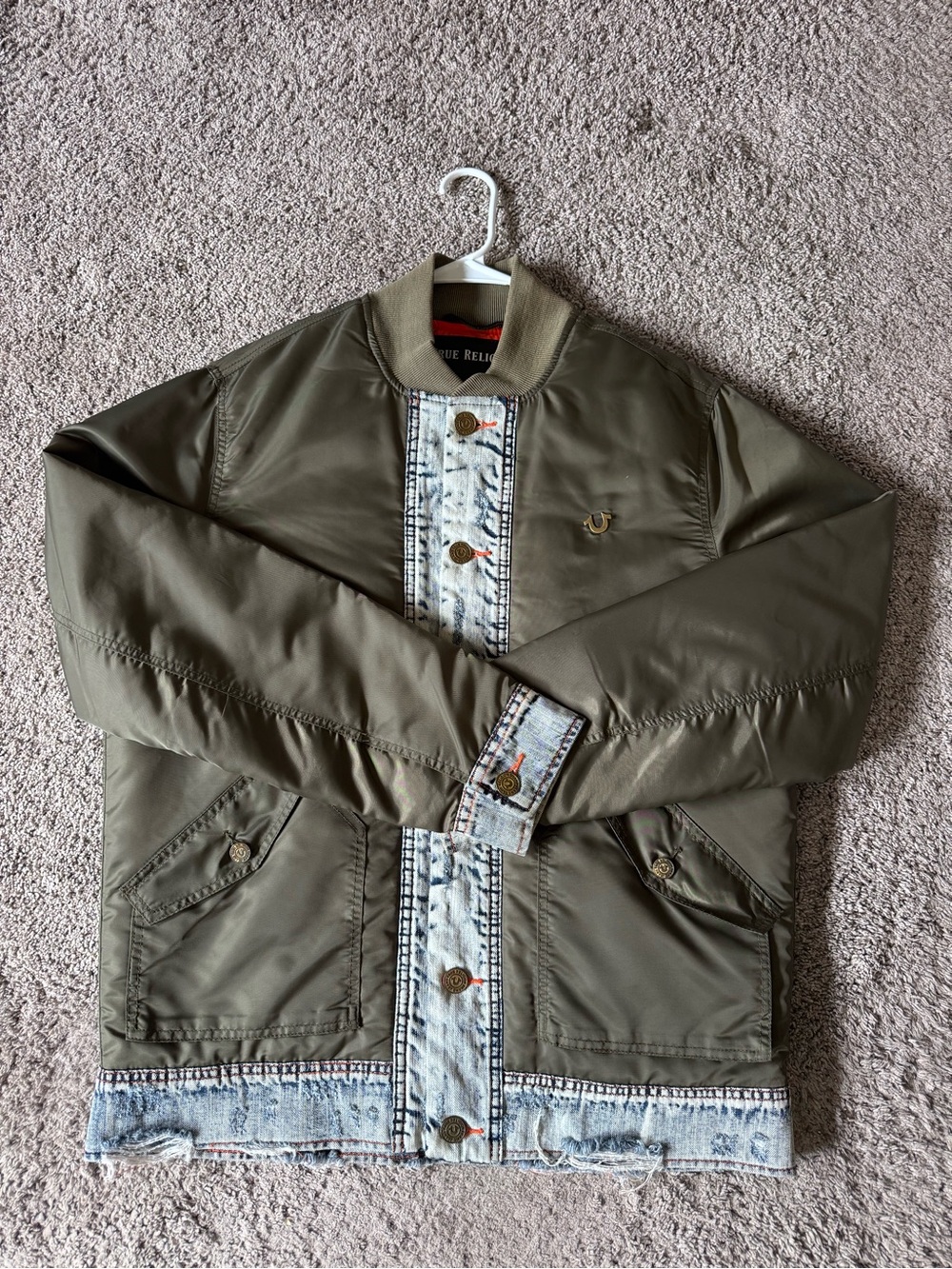 Men's Olive Green Bomber Jacket with Denim Trim